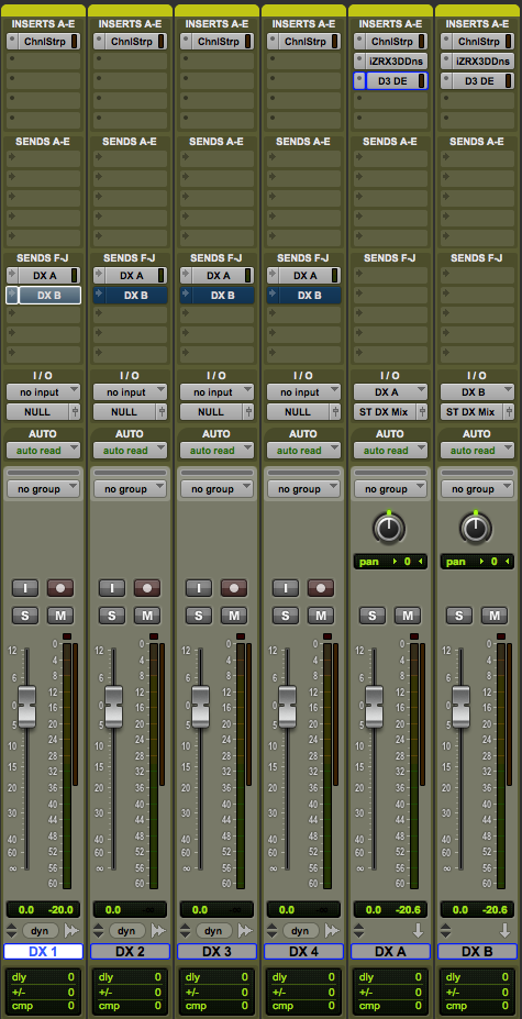 The final product, dialog source tracks on the left and dialog processing chains on the right.