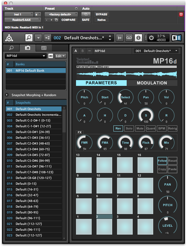 The MP16d in Reaktor running as an AAX plugin in Pro Tools 11