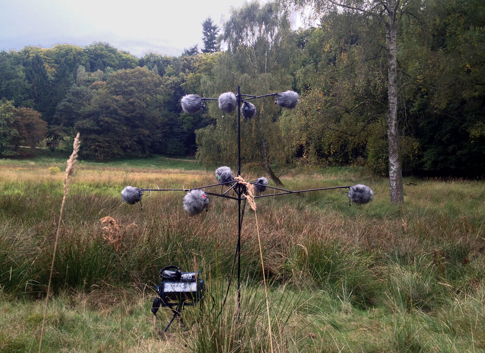 Several boom mics extend from all sides of a complex tripod to record 360 degree audio in a field. Article edited by Adriane Kuzminski.