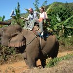 Two people ride an elephant in Thailand. The man holds a boom mic near the elephant's head as it trumpets.