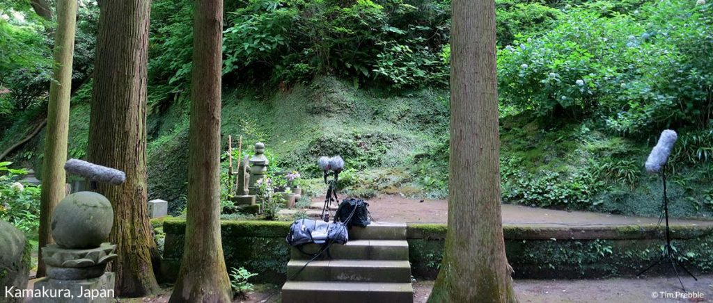 A pair of boom mics sit on a platform deep in the rainforests of Kamakura, Japan. Article edited by Adriane Kuzminski.