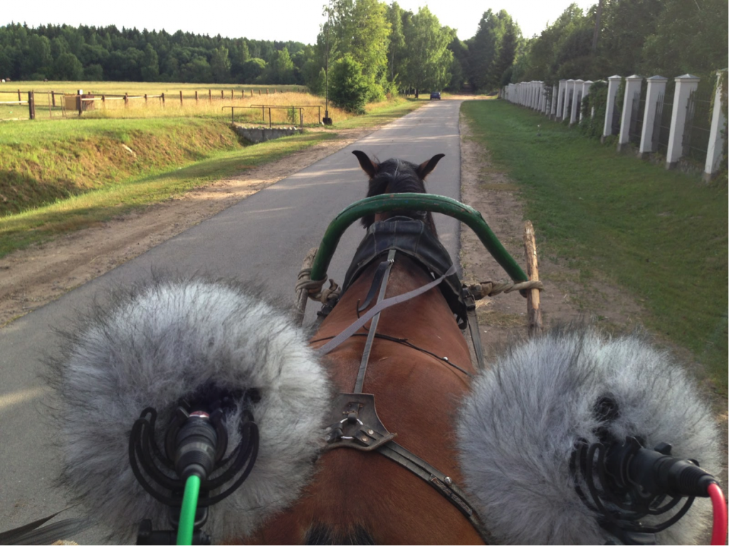 From the stage, two mics face a horse pulling the carriage in the countryside.