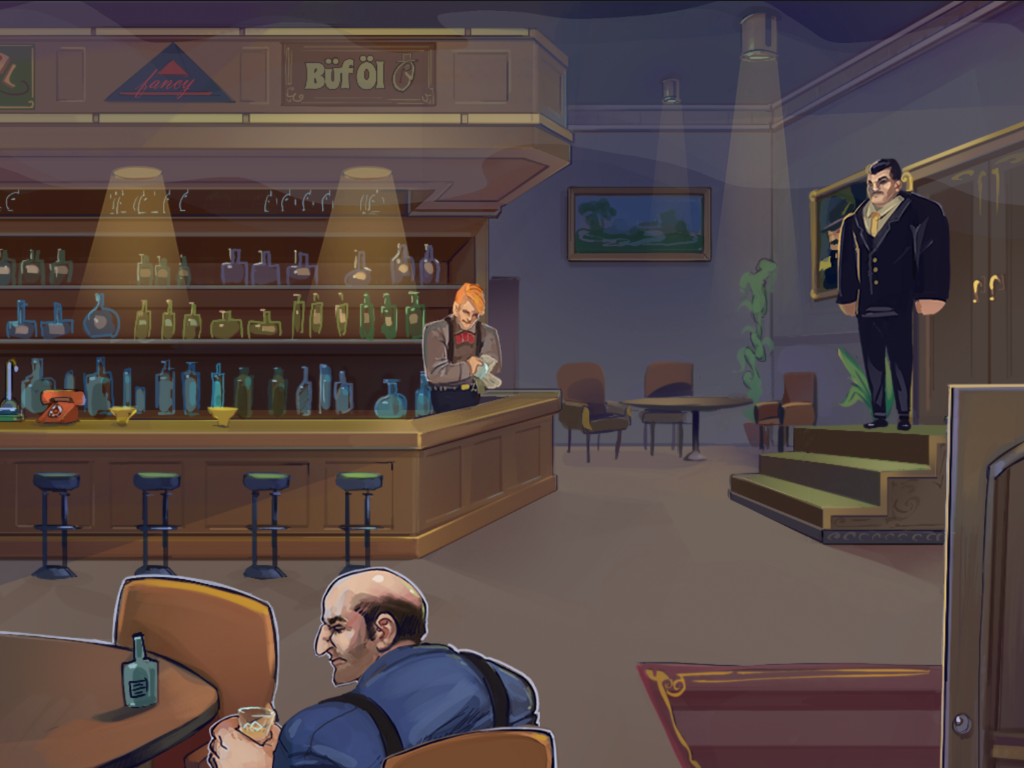 A man enjoys a drink in a pub while a VIP guard and bartender work.