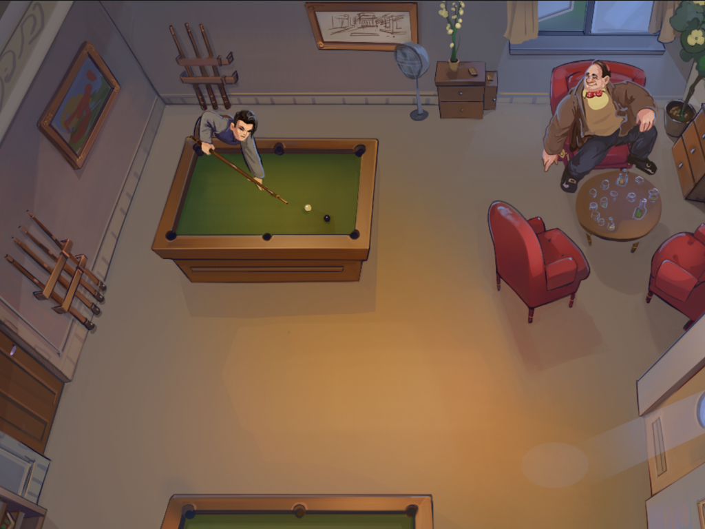 A top-down scene where a jet-haired woman shoots pool in Frequency Missing.