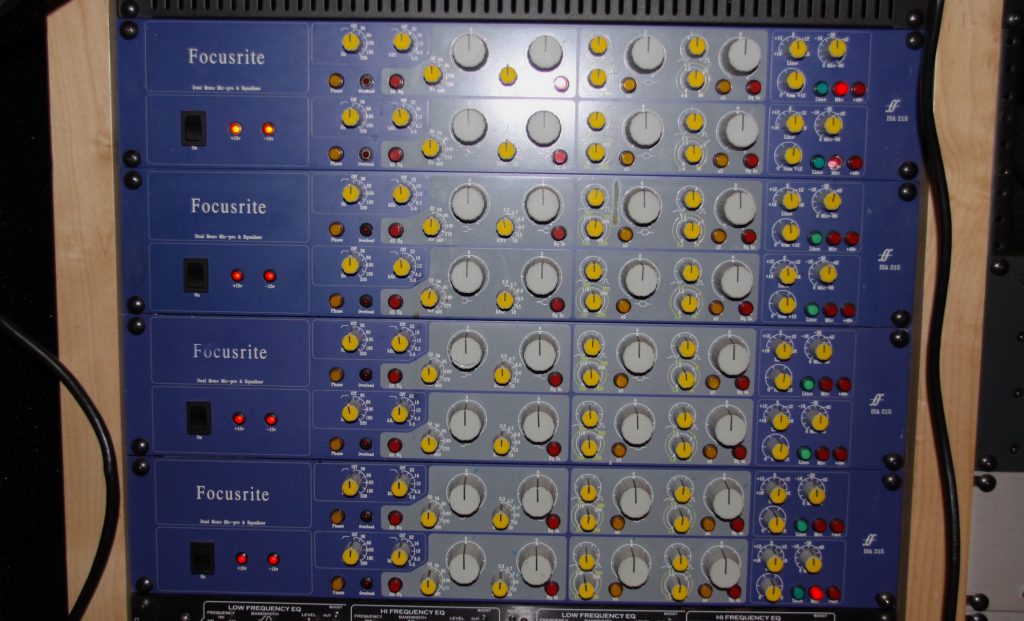A row of Focusrite preamps.