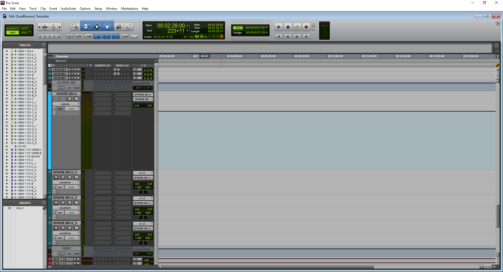 A screenshot of Pro Tools showing an additional MX predub used for "global" music mixing