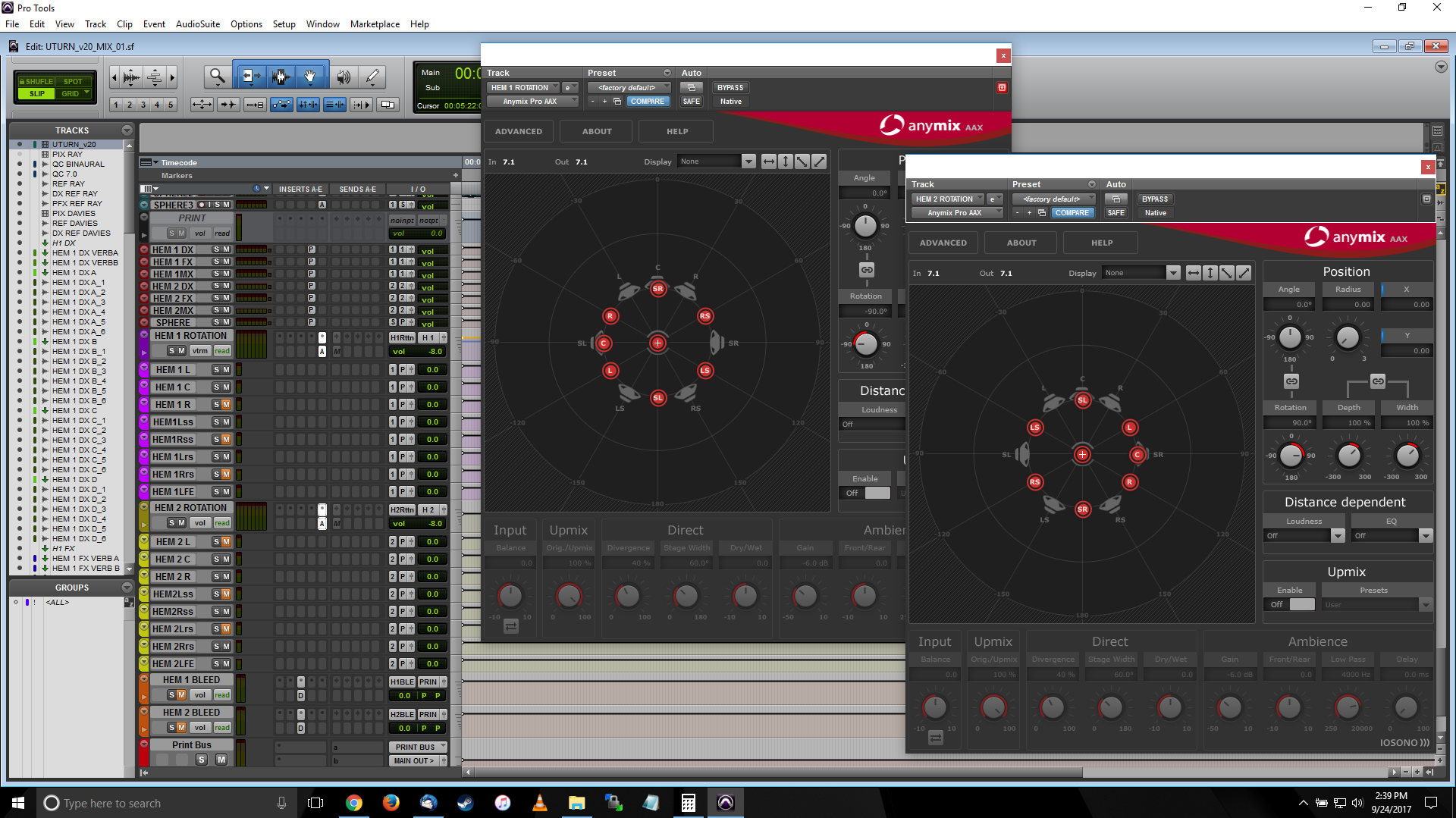 A screenshot of Pro Tools showing the required channel mutes and mix rotation plug-ins to generate the "90 degree" side mix