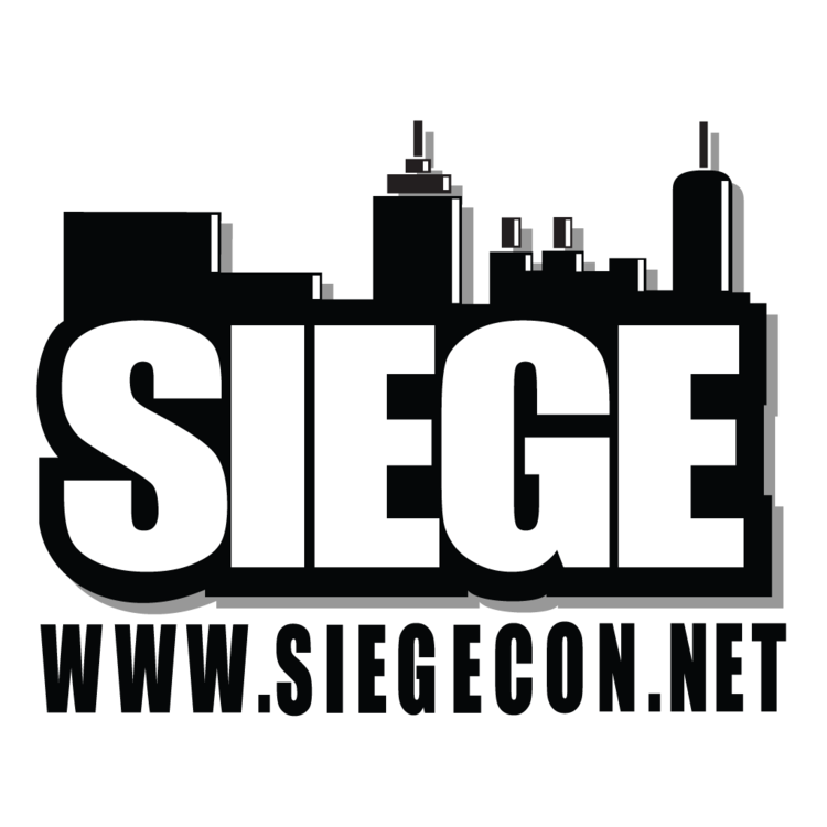 Tall urban buildings above the word Siege, www.siegecon.net