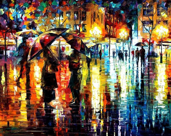 Two people stand with umbrellas in a rainy European city in this brightly-colored oil painting.