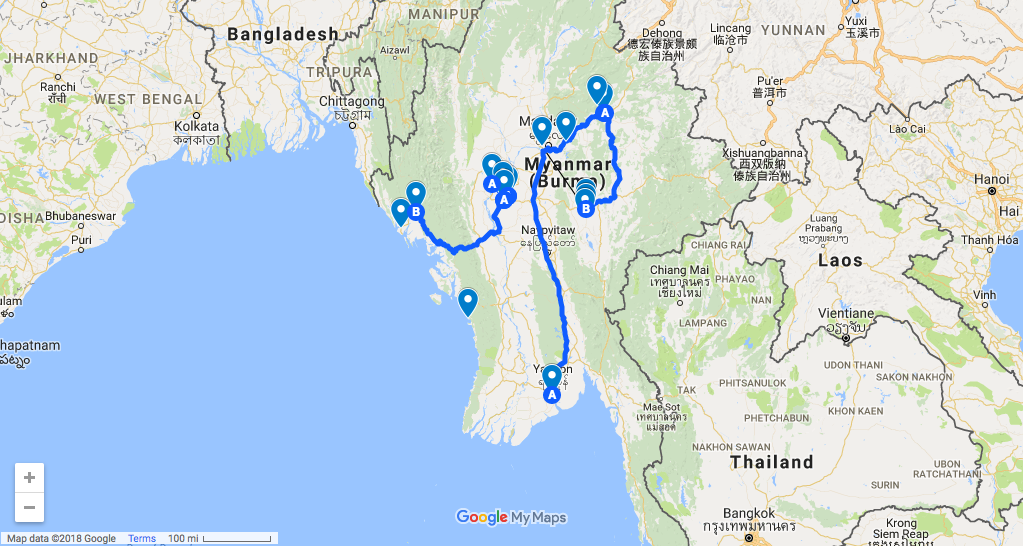 A travel route that covers most of Myanmar