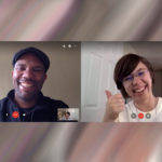 A man and woman smile at each other through Skype windows